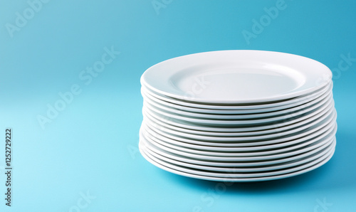 A stack of clean white plates on a blue background for culinary presentation.
