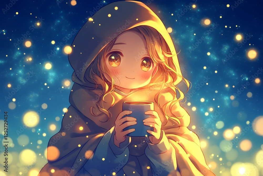 Cozy Chibi Girl Stargazing in the Enchanting Night Sky Surrounded by Glowing Fireflies Cozy Chibi Girl Stargazing in the Enchanting Night Sky Surrounded by Glowing Fireflies