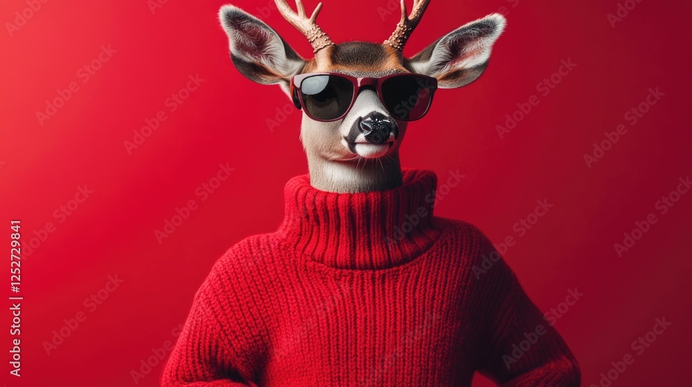 A creative and humorous image of a buck with antlers wearing sunglasses and a red sweater. A fun and unconventional pet accessory. A creative and humorous image of a buck with antlers wearing sunglasses and a red sweater. A fun and unconventional pet accessory.