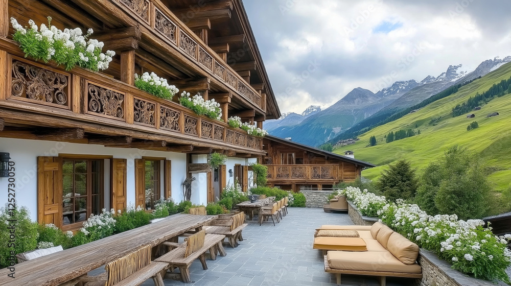 Rustic mountain chalet with wooden balconies and scenic alpine views Rustic mountain chalet with wooden balconies and scenic alpine views