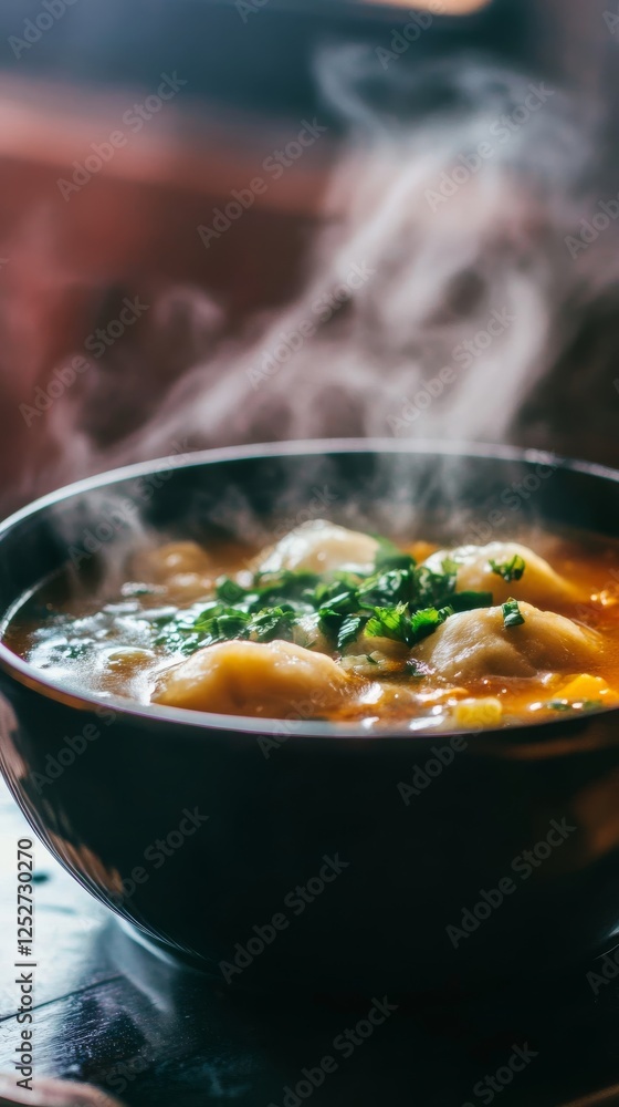 Warm dumpling soup served in a black bowl with steam rising against a blurred background Warm dumpling soup served in a black bowl with steam rising against a blurred background