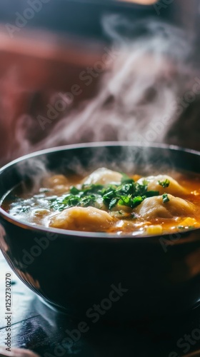 Warm dumpling soup served in a black bowl with steam rising against a blurred...