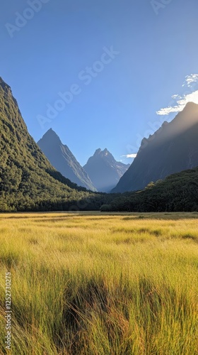 Breathtaking view of mountainous landscape with golden grass under clear blue...