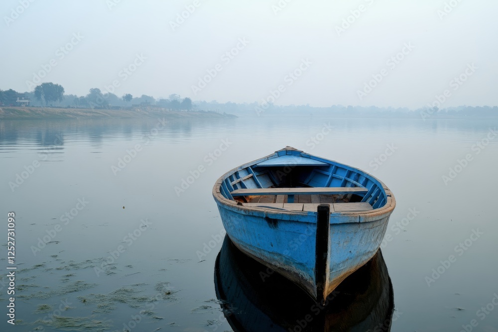 Calm blue boat floating on serene river during early morning mist near a tranquil landscape Calm blue boat floating on serene river during early morning mist near a tranquil landscape