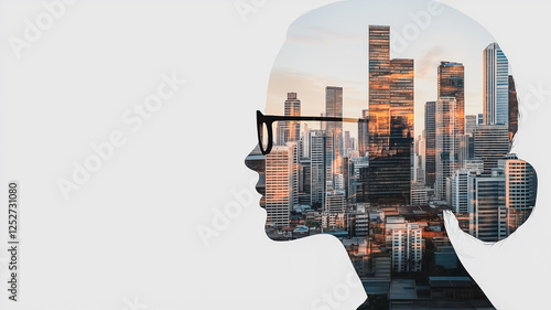 Urban Dreamscape: A woman's silhouette profile, superimposed with a vibrant cityscape at sunset, symbolizes ambition, innovation, and the pursuit of urban dreams. photo