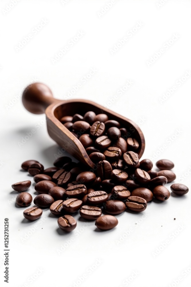 Obraz premium Roasted coffee beans spilling from a wooden scoop onto a white surface