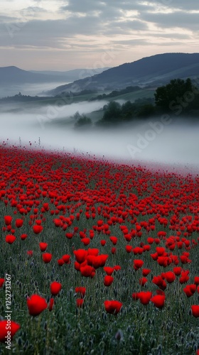 Vivid red poppy field under foggy morning sky in serene landscape