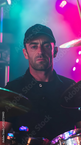 Drummer in Neon Stage Light...