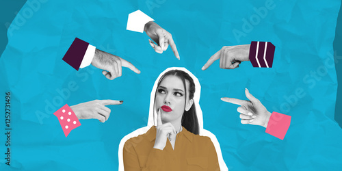 Tableau sur toile Thoughtful woman surrounded by pointing hands on blue background
