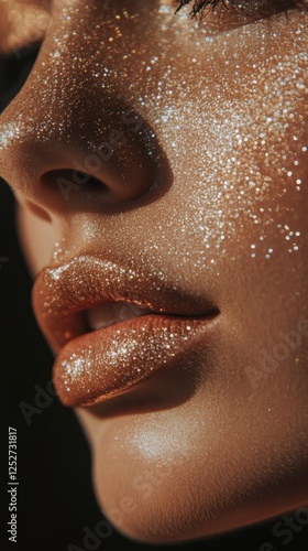 Sparkling beauty close up showcasing shimmering lips and glowing skin in natu...