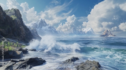 dynamic coastal landscape highlighting waves and majestic distant mountains image