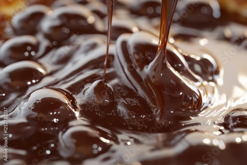 Rich chocolate syrup glistening on a dessert surface in a warm kitchen setting