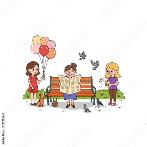 Happy Family Park Scene with Balloons and Birds