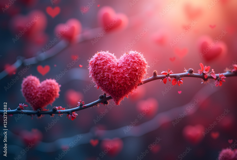 Colorful Hearts on Branches Surrounded by Blurry Heart Shapes Colorful Hearts on Branches Surrounded by Blurry Heart Shapes