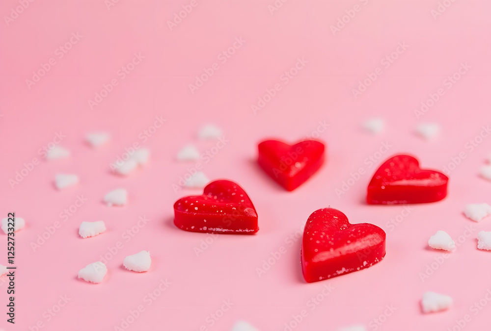 Fototapeta premium Colorful Heart Shaped Candies on a Soft Pink Background