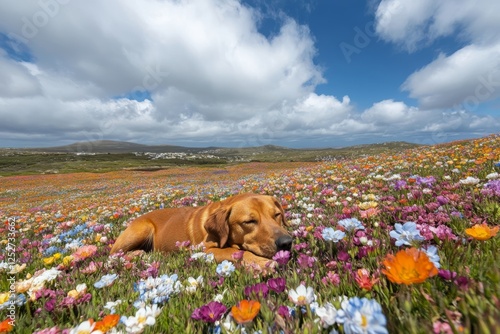 Dog relaxing in a vibrant wildflower field on a sunny day in the countryside