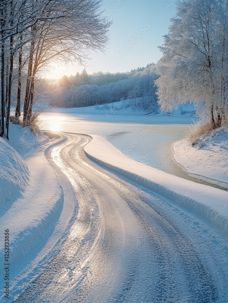 Fototapeta premium A snowy, winter road with fresh tracks.