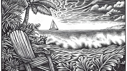 Tropical Beach Scene Illust...