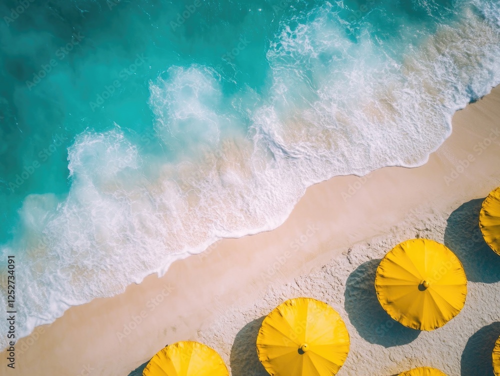 Fototapeta premium Relax under the warm sun on a beautiful tropical beach with white sand and blue ocean waters. Lounge in yellow umbrellas provided for shade against the bright sunlight. Paradise is waiting!