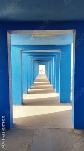 Brightly lit hallway with blue walls leading to an open door at the end