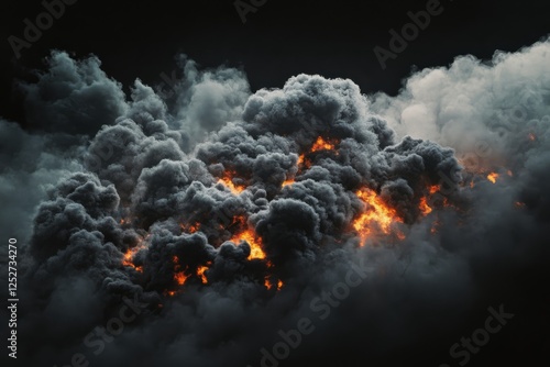Bright flames emerge from thick, dark smoke swirling in a captivating display...