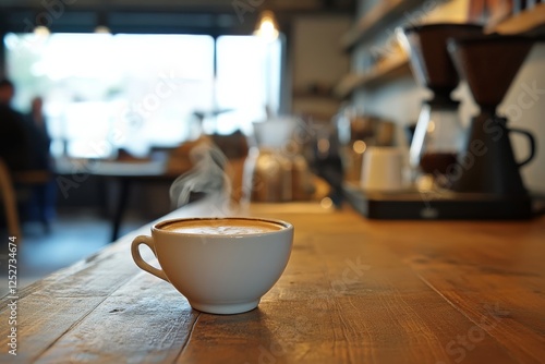 Coffee brewing in a cafe with an espresso machine and a white cup on the counter