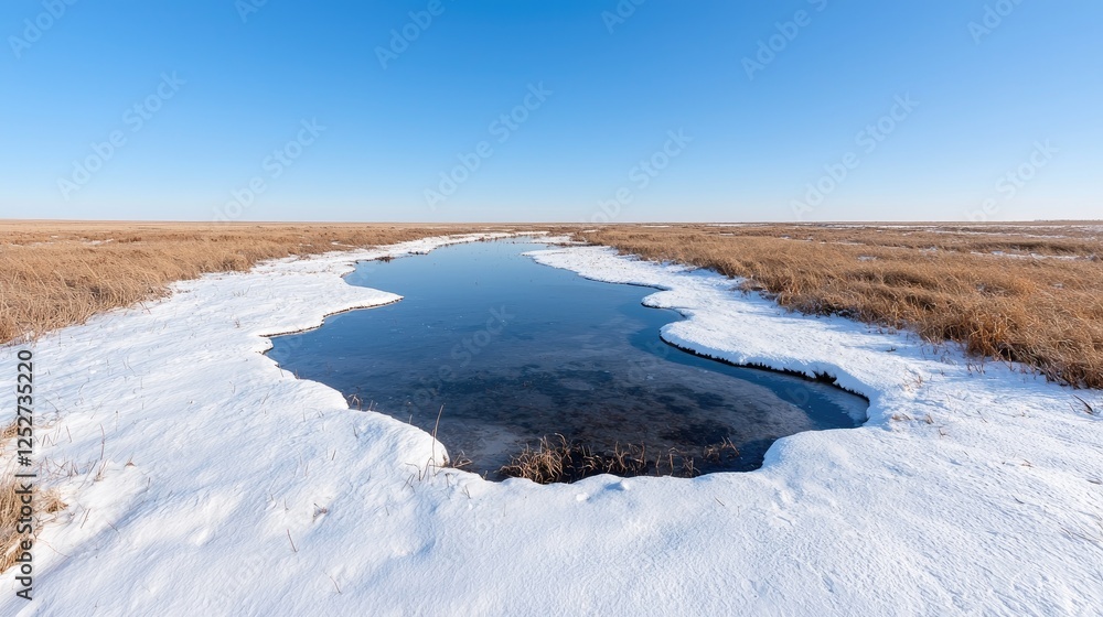 Obraz premium Frozen Meadow Pool, Winter Landscape, Tranquil Scene, Nature Photography