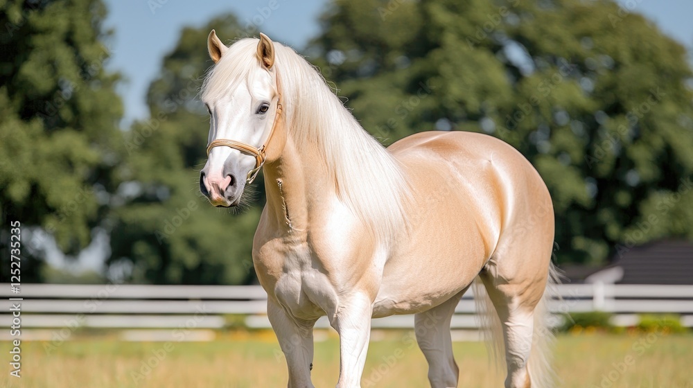 Obraz premium Palomino horse in pasture, summer day. Stock photo for equestrian websites