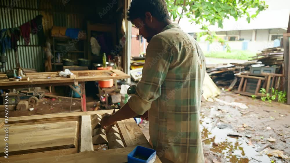 Furniture maker taps nails into the wood using hammer Furniture maker taps nails into the wood using hammer