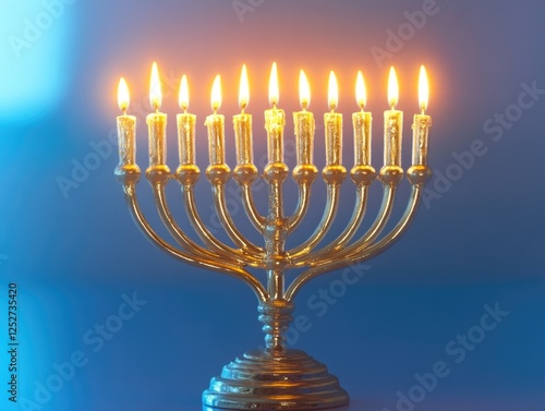 Traditional golden menorah with Hanukkah candles lit in rows, placed on blue cloth. Symbol of the Jewish festival of light.