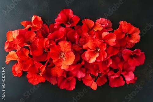 Blossoming red flowers arranged beautifully on a dark surface in a vibrant di...