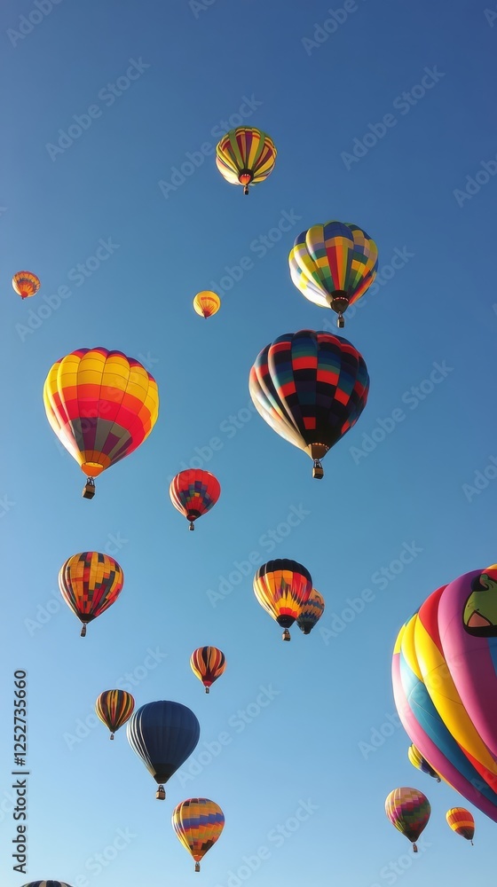 Obraz premium Colorful hot air balloons fill the clear sky during a vibrant festival event in autumn