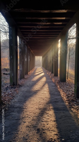 Sunlight filters through an old underpass creating a serene atmosphere in the...