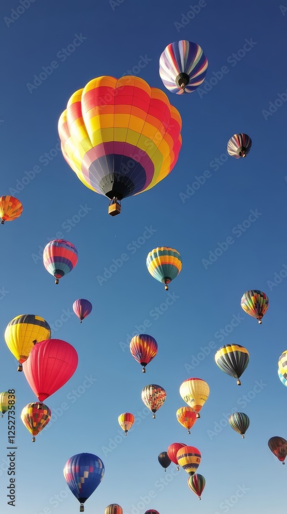 Obraz premium Colorful hot air balloons fill the clear sky during a vibrant festival event in autumn