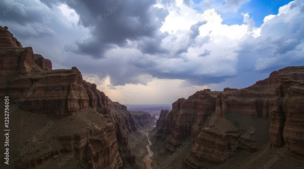 Dramatic Canyon River Landscape Under Stormy Sky Dramatic Canyon River Landscape Under Stormy Sky