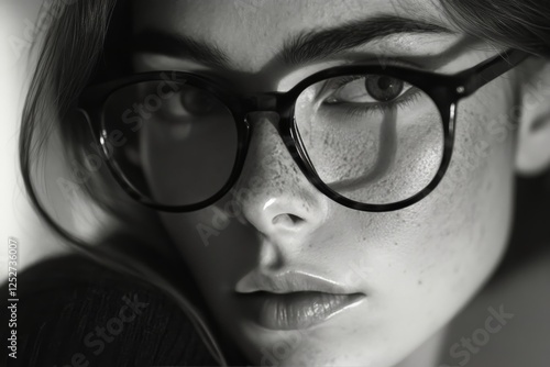 Close-up portrait of a bespectacled person with striking features in dramatic...