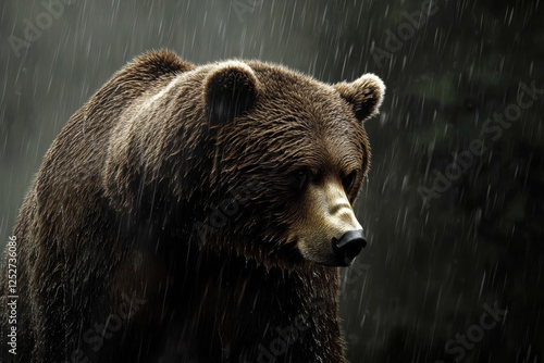 Grizzly bear standing in the rain with water droplets on its fur in a forest ...