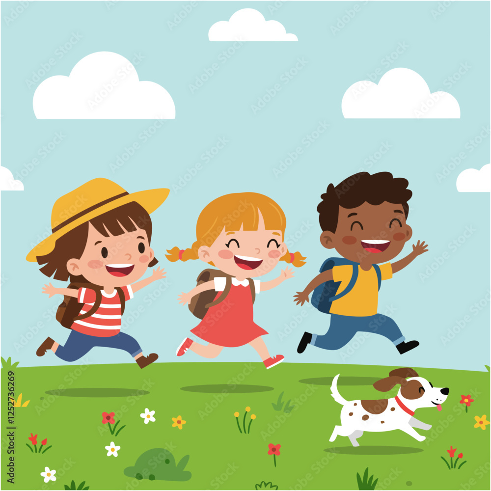 Happy Kids Running Outdoors with Dog in Spring Happy Kids Running Outdoors with Dog in Spring