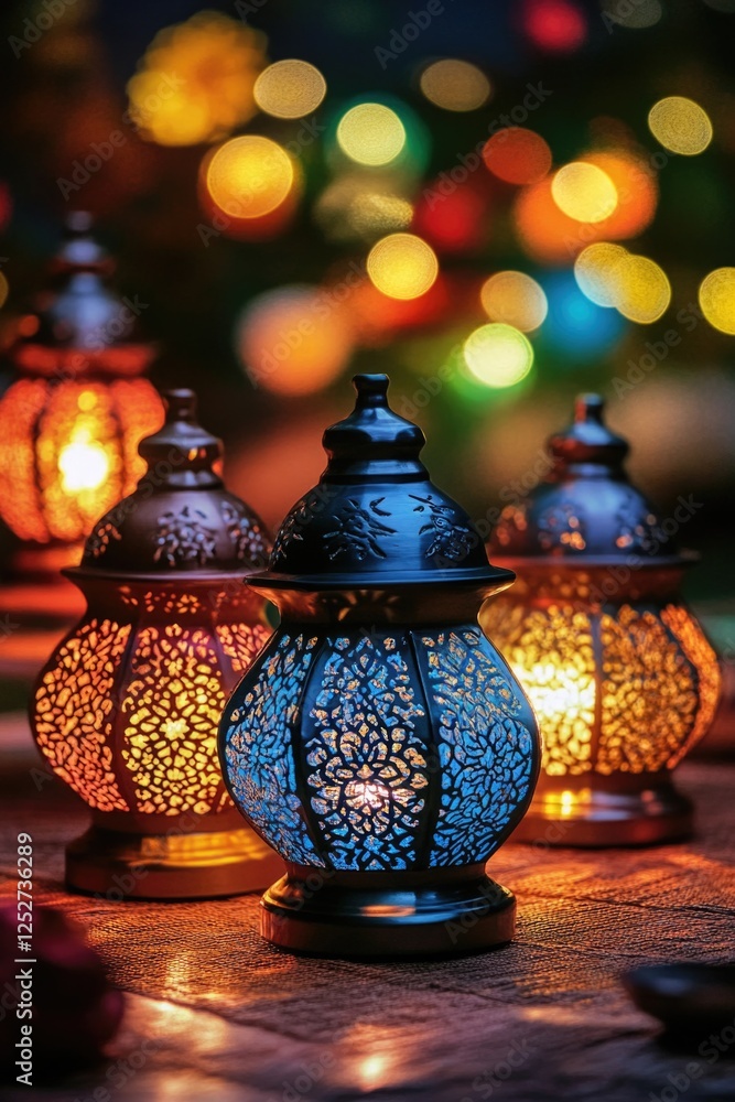 Bunch of decorative lanterns illuminated by candles, each with a different pattern and color. Bunch of decorative lanterns illuminated by candles, each with a different pattern and color.