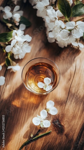 Delicate glass of tea surrounded by blooming white flowers on a wooden table