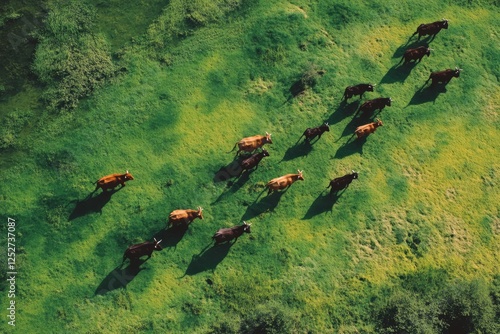 Herd of cows grazing on lush green pasture under bright sunlight in rural lan...