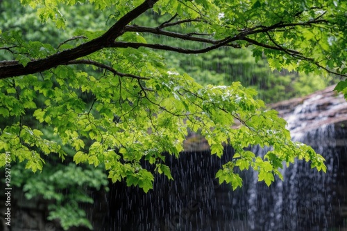 Rainfall on lush green leaves near a serene waterfall in a tranquil forest se...