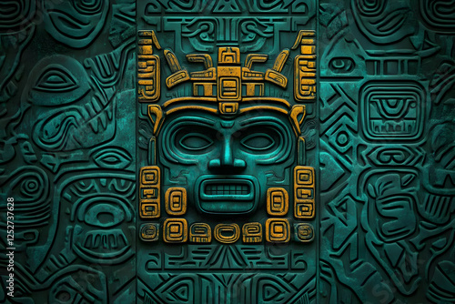 Teal Gold Mayan Mask Illust...