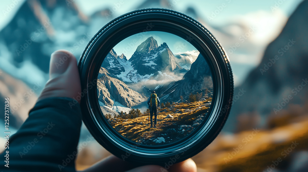 Camera Lens Reflecting a Majestic Mountain Range with a Hiker in Focus Representing Adventure Travel and the Beauty of Nature in an Outdoor Scenic Landscape with Crisp Clear Details Camera Lens Reflecting a Majestic Mountain Range with a Hiker in Focus Representing Adventure Travel and the Beauty of Nature in an Outdoor Scenic Landscape with Crisp Clear Details