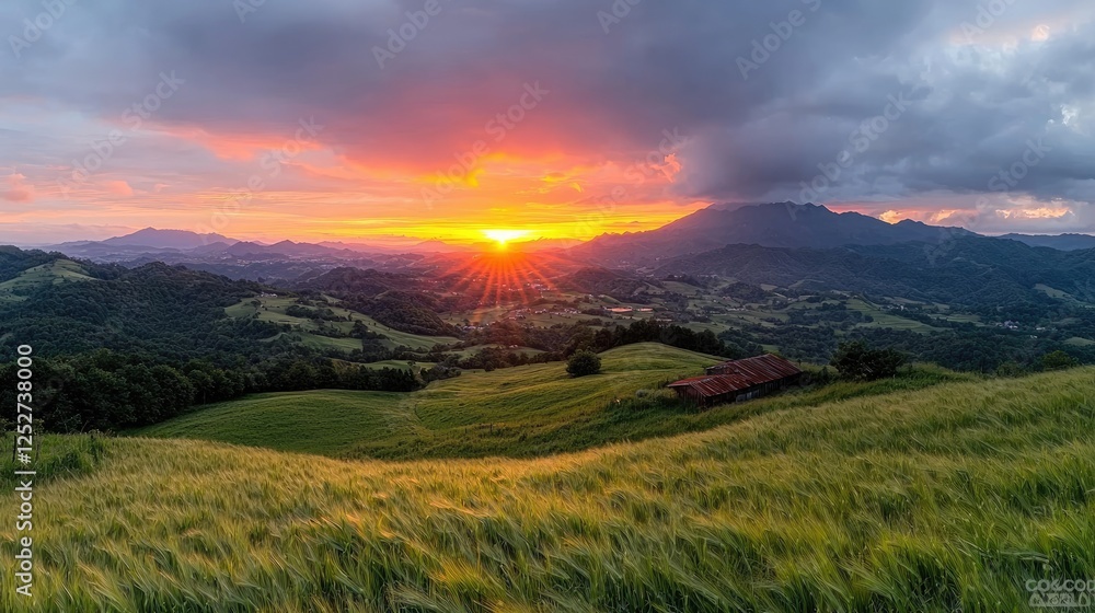 Fototapeta premium Stunning sunset over rolling hills and fields