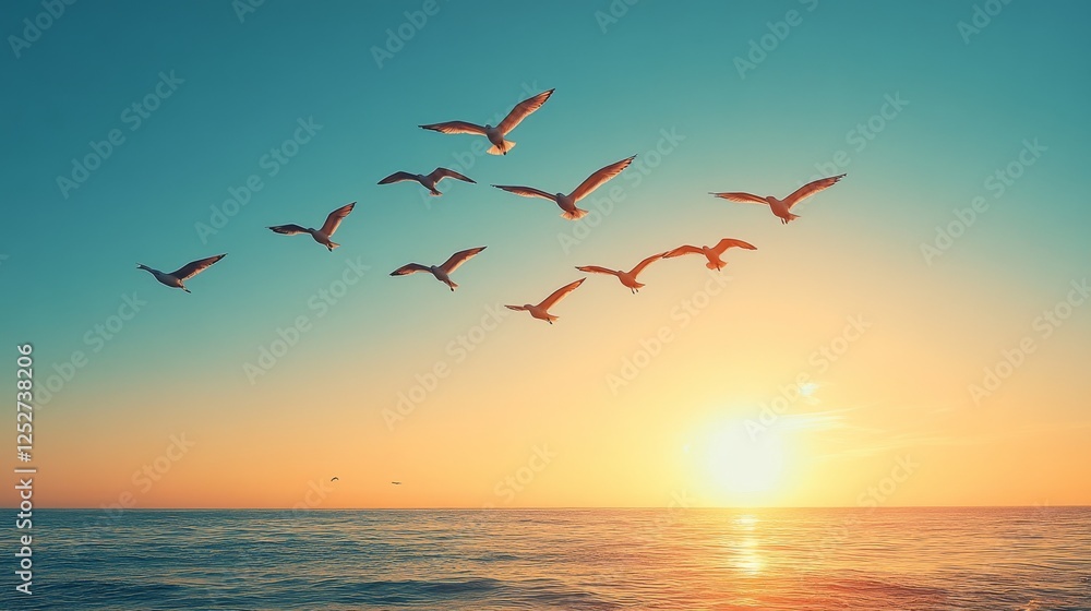 Fototapeta premium Gulls silhouetted against the dawn sky, soaring above the calm ocean waters in peaceful unison