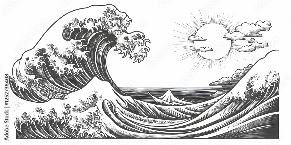Fototapeta premium Ocean Wave Illustration: Sun, Clouds, and Sea