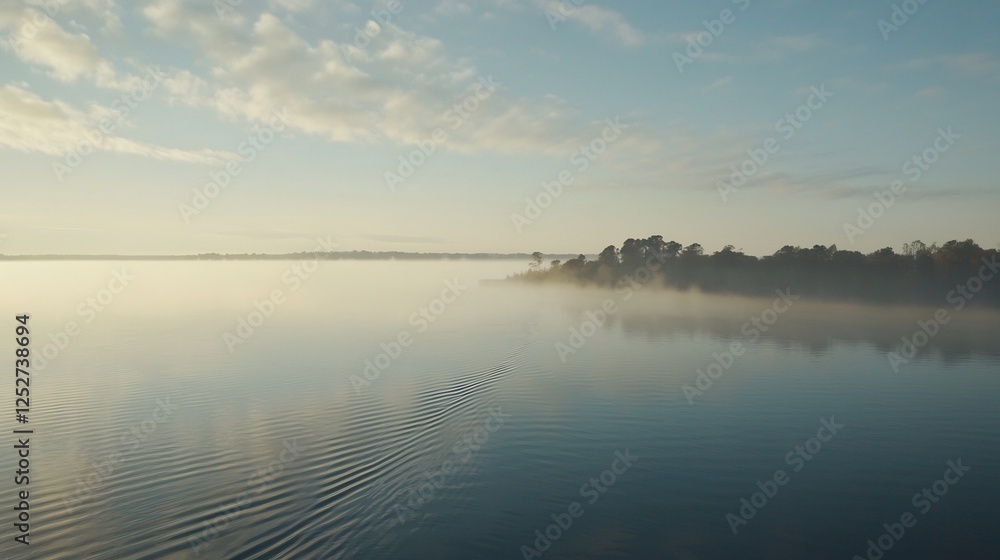 A serene lake view with a line of mist rolling across the water and a forest in the background A serene lake view with a line of mist rolling across the water and a forest in the background