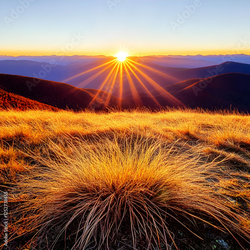 Golden Grass Sunset Mountai...