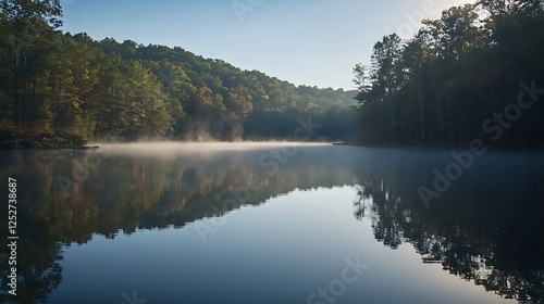 Tranquil morning mist over a still lake reflecting the surrounding forest